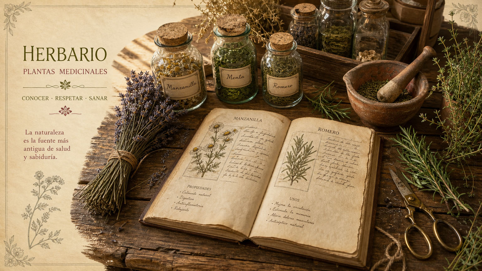 Herbario tradicional con plantas medicinales, frascos etiquetados y un libro abierto